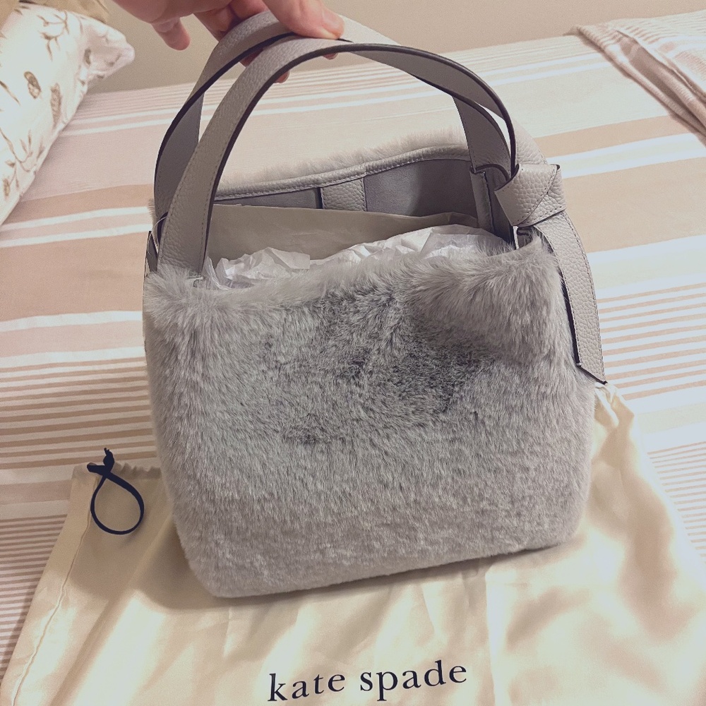 NWT Kate Spade Gray Leather & Faux Fur Crossbody Bag